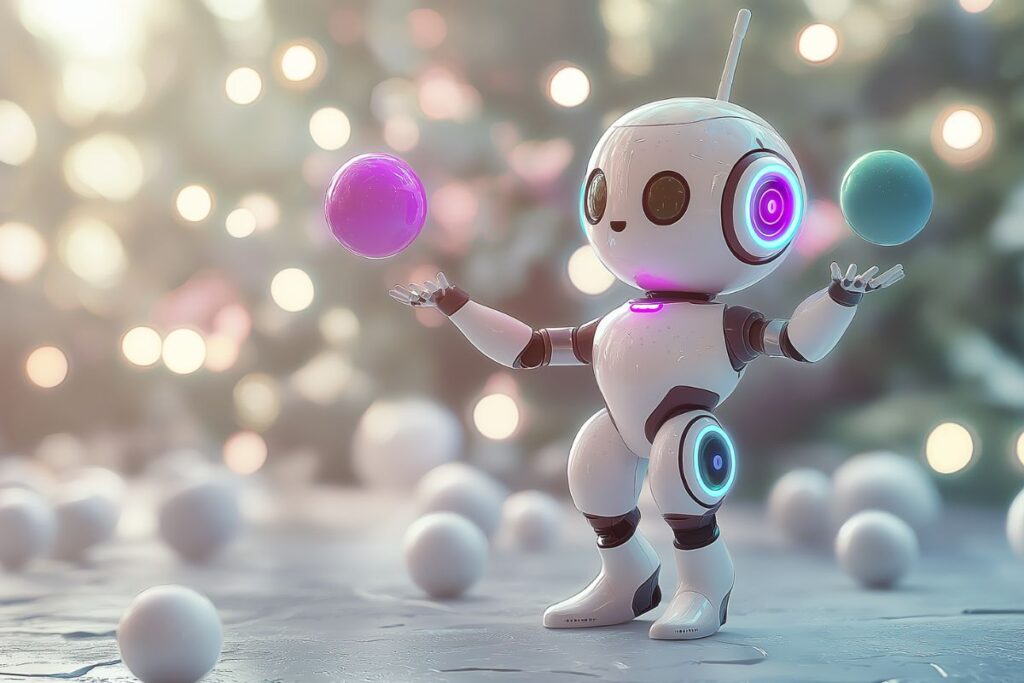 Cute robot juggling tasks representing content automation for creators