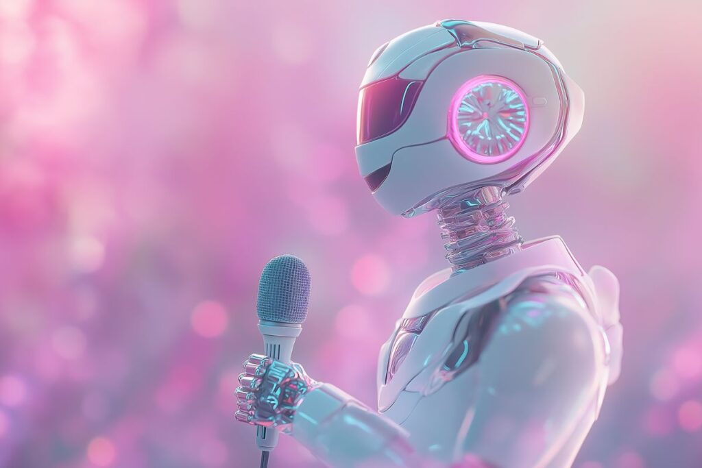 Robot with a microphone next to a free celebrity tone prompt PDF download