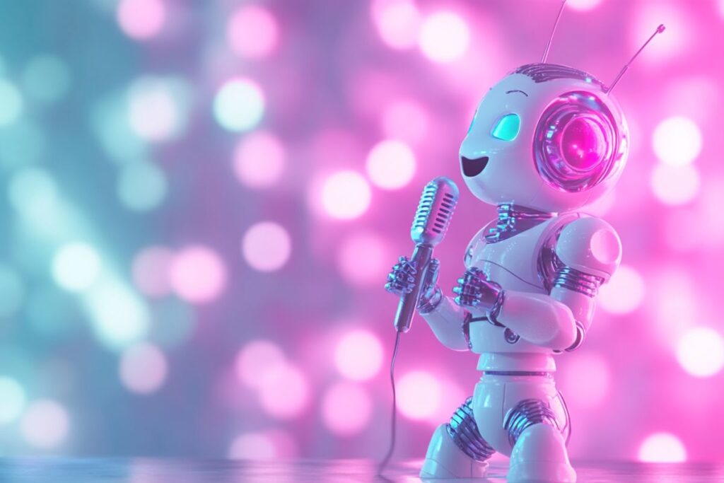 Cute robot with a microphone representing AI writing in a personal brand voice
