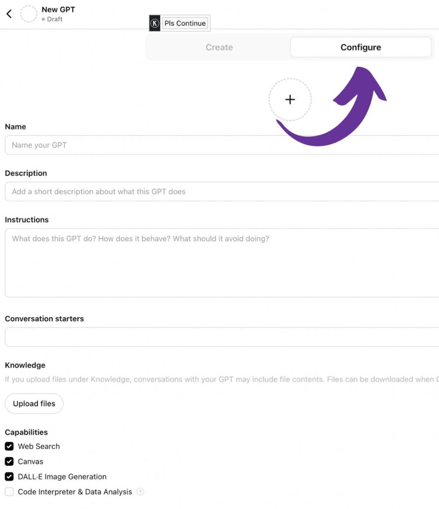 The Configure tab in the OpenAI Custom GPT builder showing system instructions and example prompts