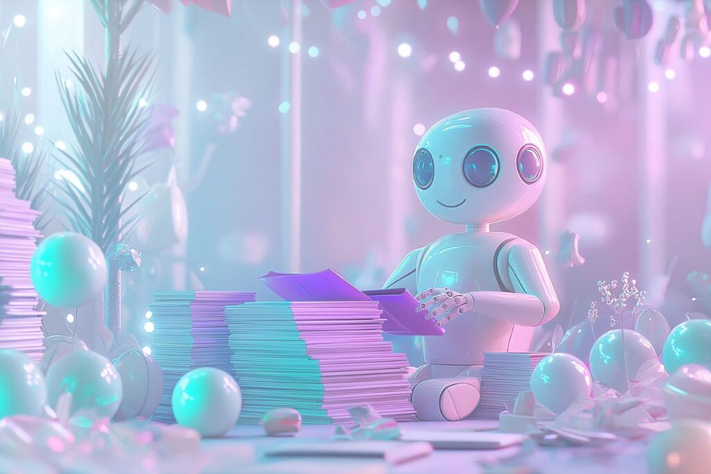Robot sorting files at a desk.