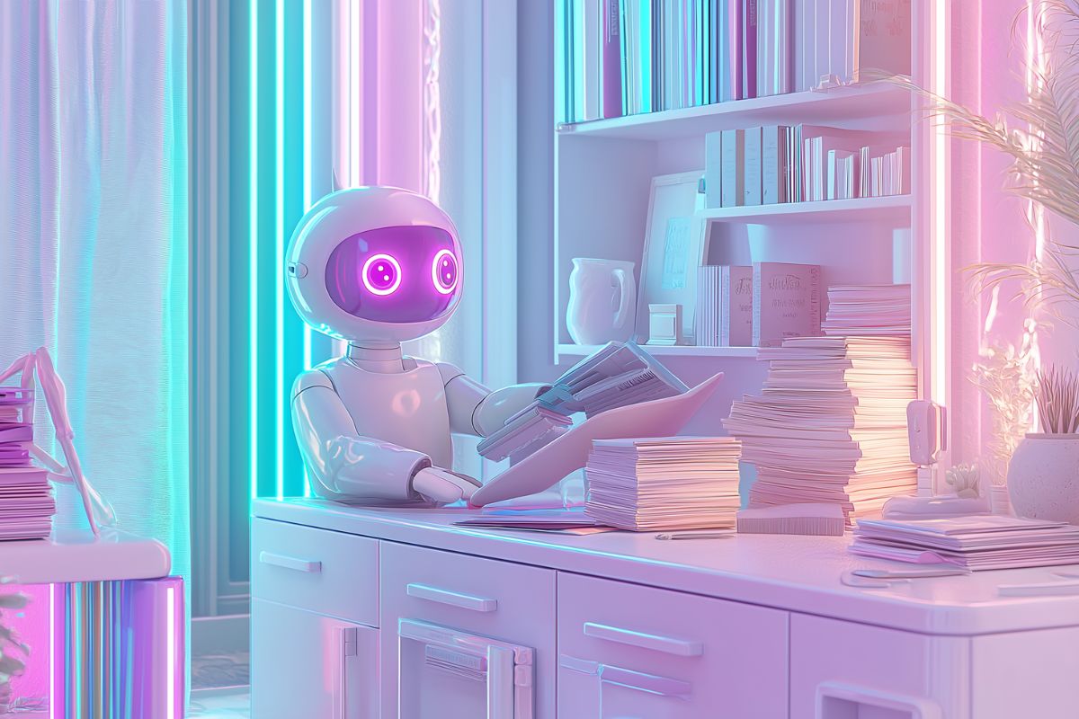Robot working at a desk organizing files.