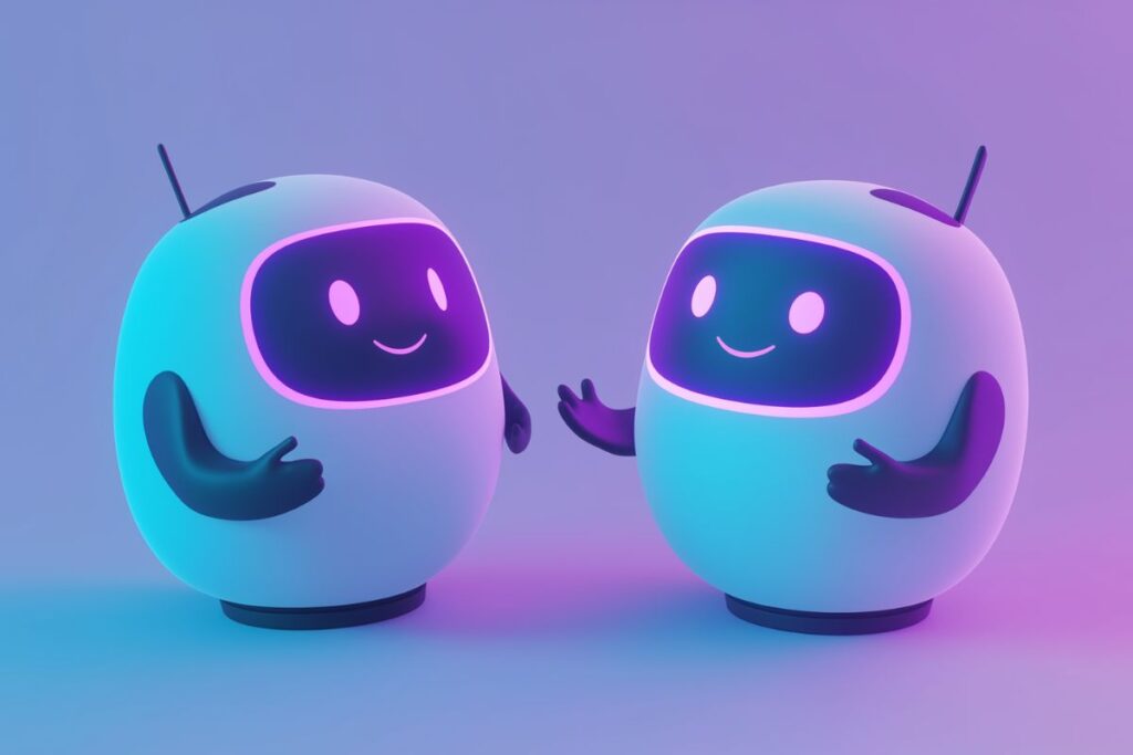 Two cute robots in conversation representing a custom GPT setup for content creators