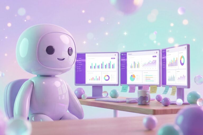 A friendly robot sitting at a multi-screen desk, each screen showing a different analytics dashboard