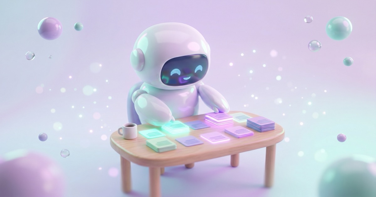 A robot organizing task cards into a daily plan representing the Asana daily planner workflow