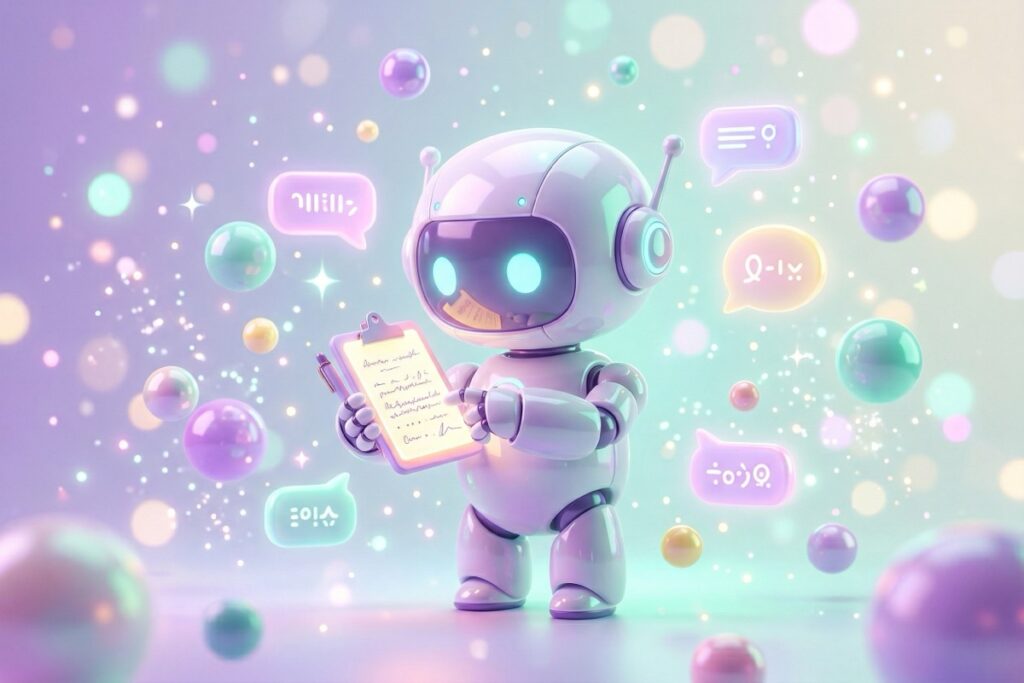 Cute robot holding a clipboard of n8n terms and vocabulary