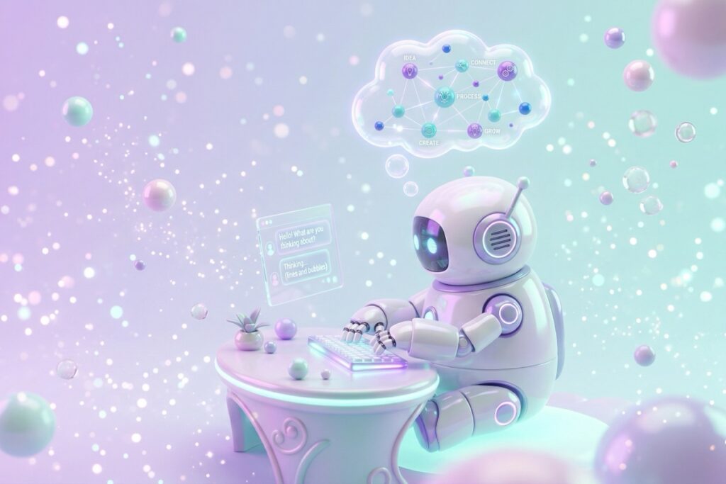 Cute robot studying n8n workflow terms at a glowing desk