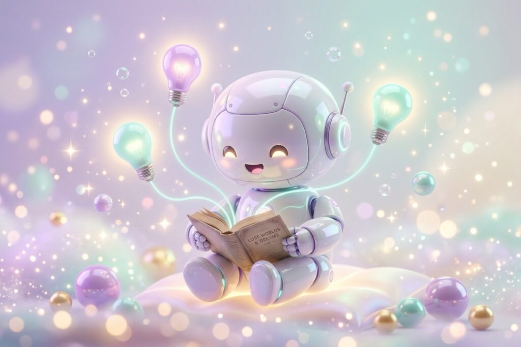 Three glowing lightbulbs branching from an old book representing AI spin ideas for repurposing content