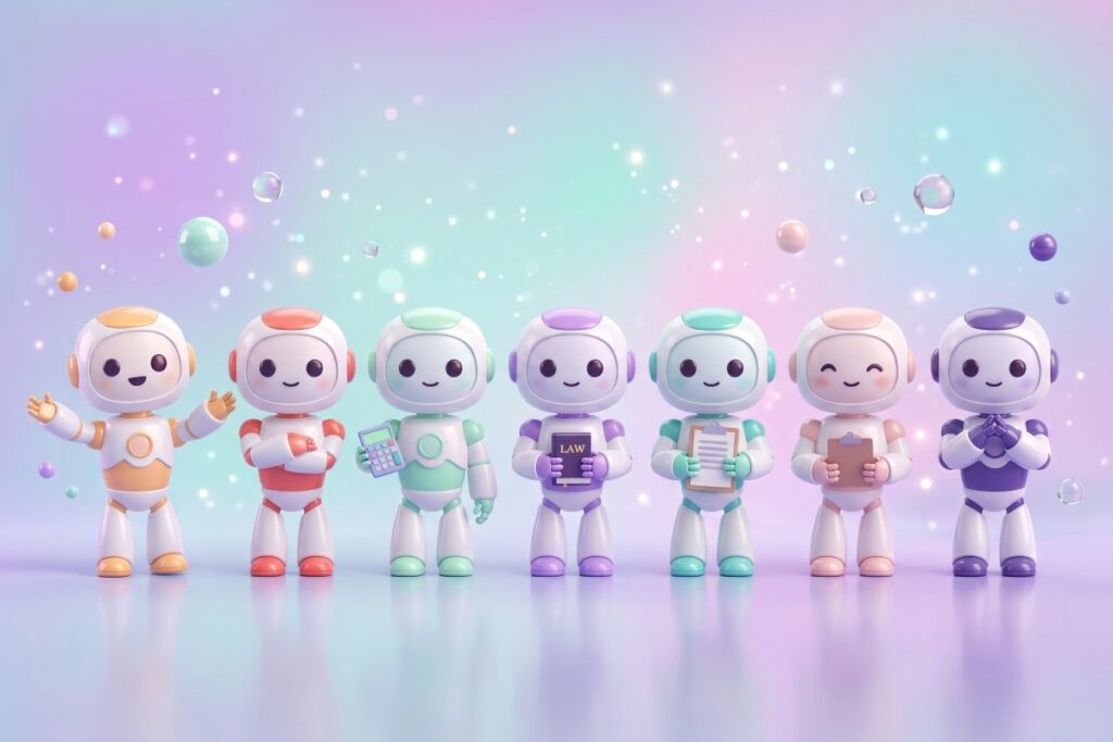 Seven AI personality robots lined up as a brainstorming panel for business ideas.