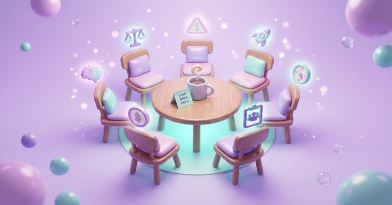 Cozy roundtable with seven empty chairs each marked with an AI panel role, ready for your idea.