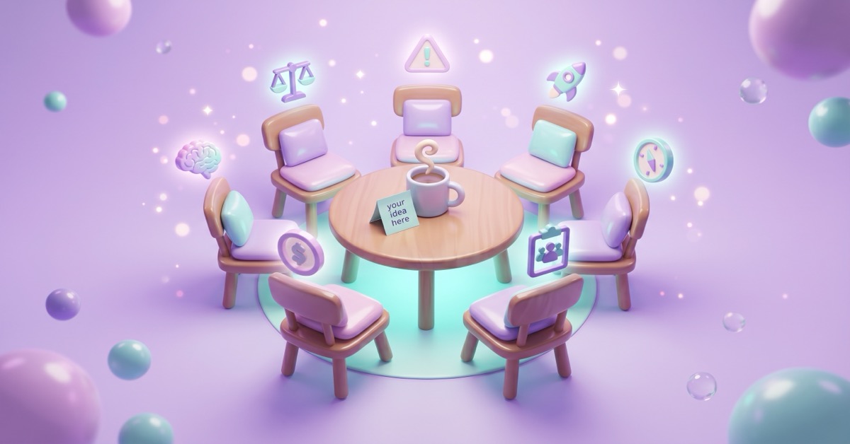 Cozy roundtable with seven empty chairs each marked with an AI panel role, ready for your idea.
