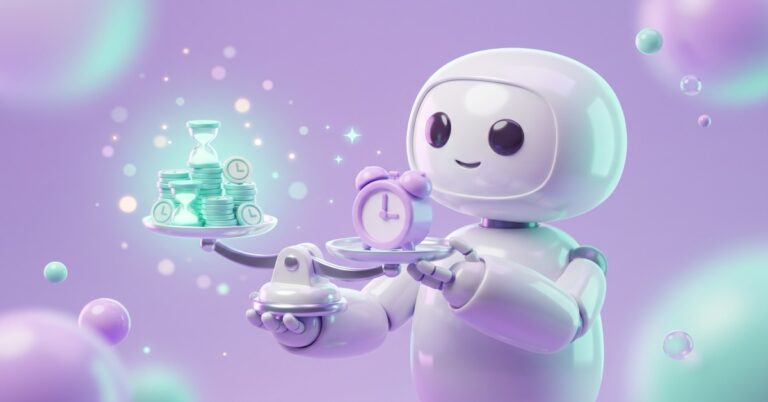Cartoon robot weighing time saved by automation against time spent building it.