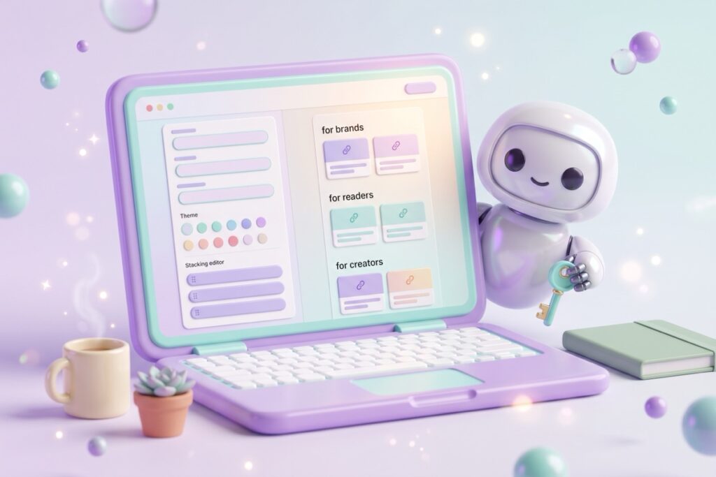 Pastel laptop showing the Bio Builder form and a live preview, with a robot peeking from behind holding a tiny key.