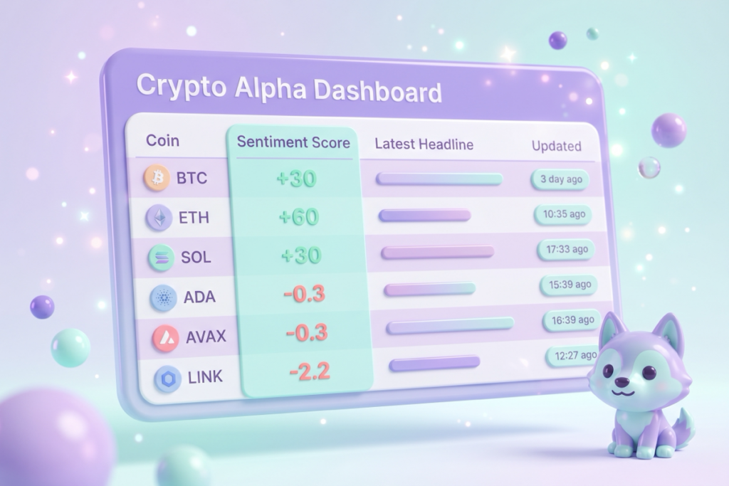 Airtable Crypto Alpha Dashboard showing sentiment scores news headlines and timestamps for multiple cryptocurrencies.