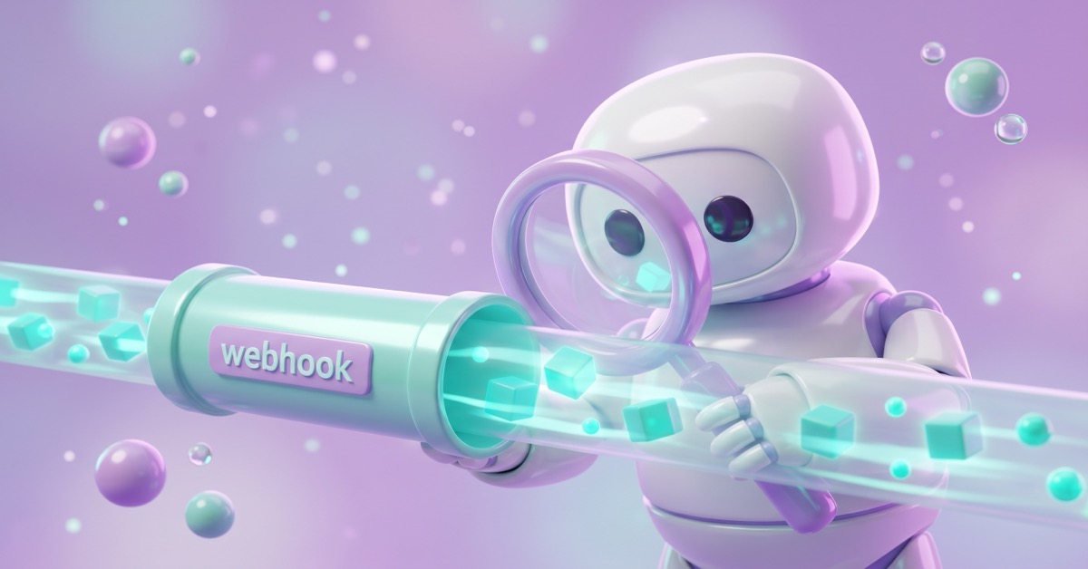 Cartoon robot inspecting webhook requests in real time using a magnifying glass.