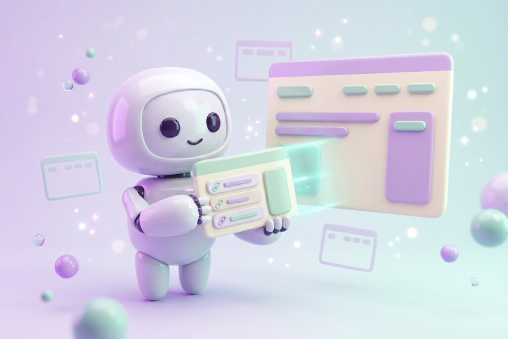 Robot sliding a small bio page into a larger blog page with a teal beam, showing the link in bio iframe embed concept.
