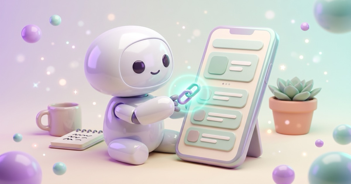 Friendly white robot placing a glowing link icon onto a phone showing a pastel link in bio page.