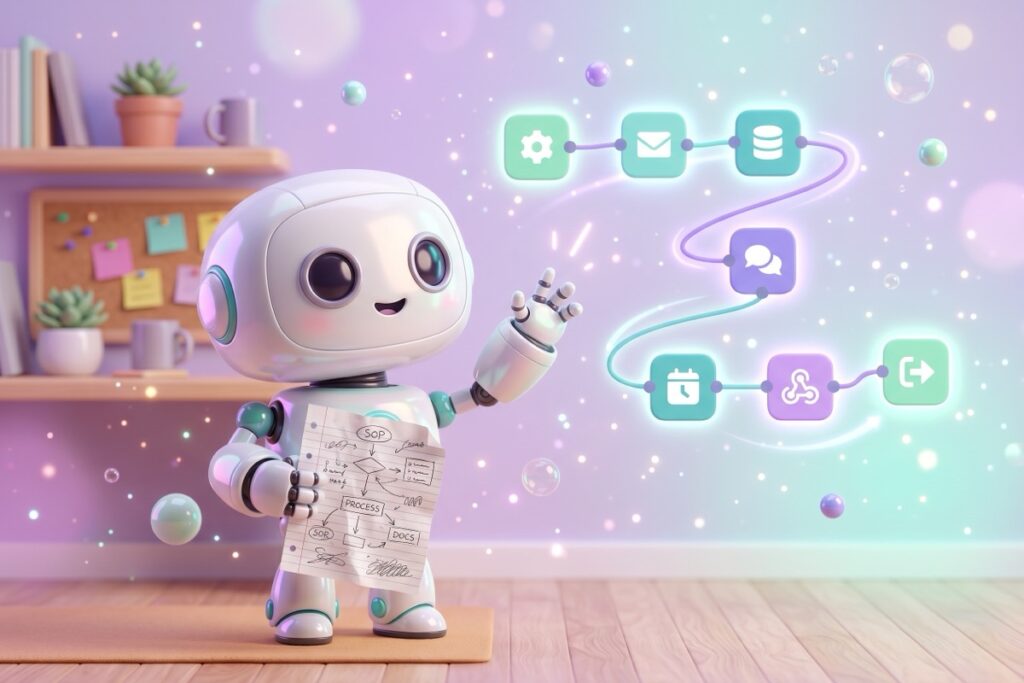 Robot holds a messy handwritten SOP page while a clean n8n workflow of connected nodes floats in the air beside it.