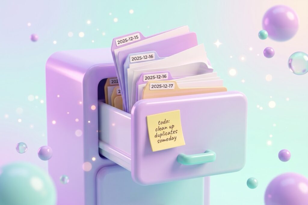 Overflowing filing cabinet with daily backup files and a todo note about cleaning duplicates.