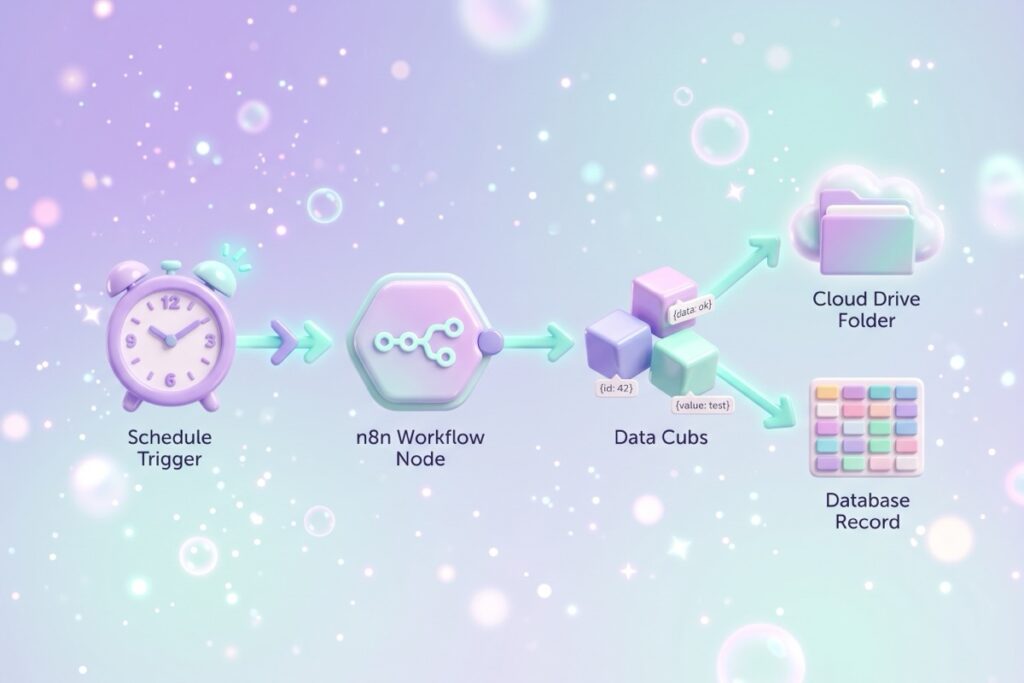 n8n backup workflow diagram from schedule trigger to Drive and Airtable storage.