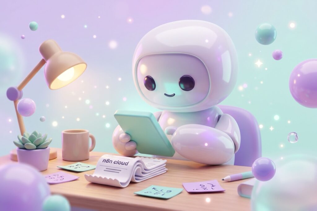 Cartoon robot using a calculator to compare n8n cloud pricing against a self-hosted setup.