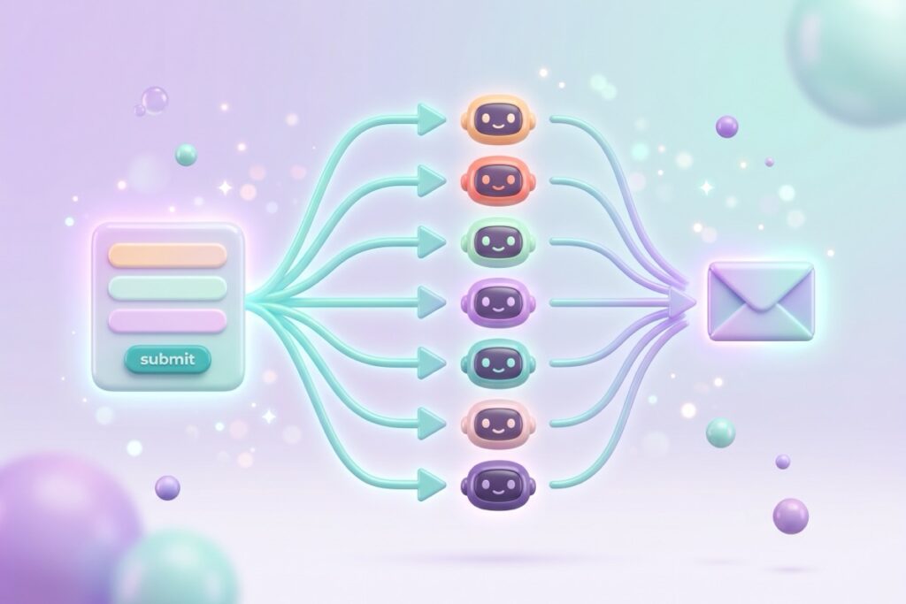 n8n workflow showing one form fanning out to seven parallel AI personalities and merging into one email report.