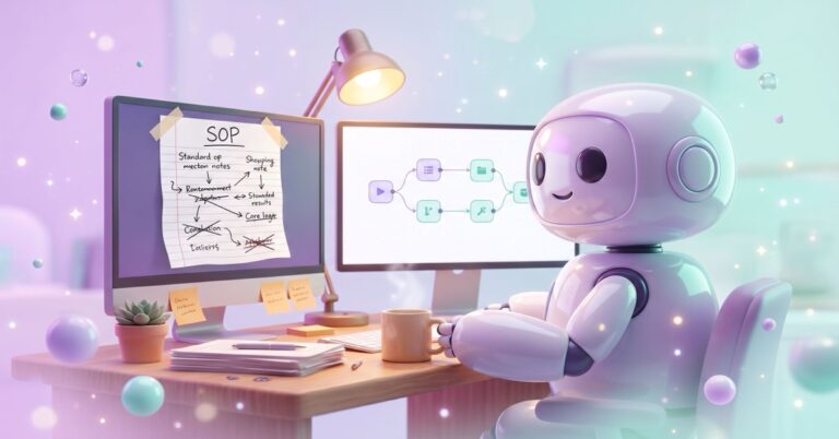 riendly robot at a desk turns a handwritten SOP on one monitor into a clean n8n workflow flow chart on the other.