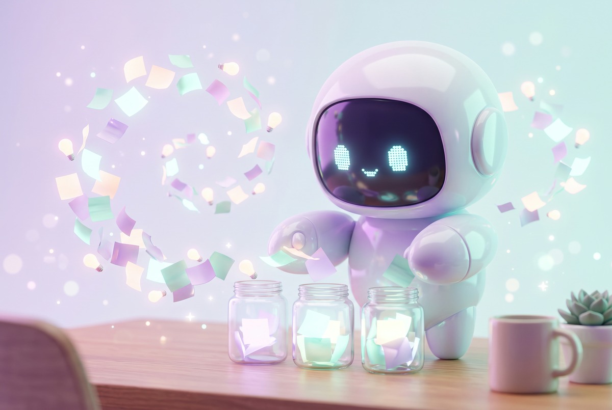 Robot sorting a swirl of glowing idea notes into jars, organizing too many ideas before using AI to write blog posts