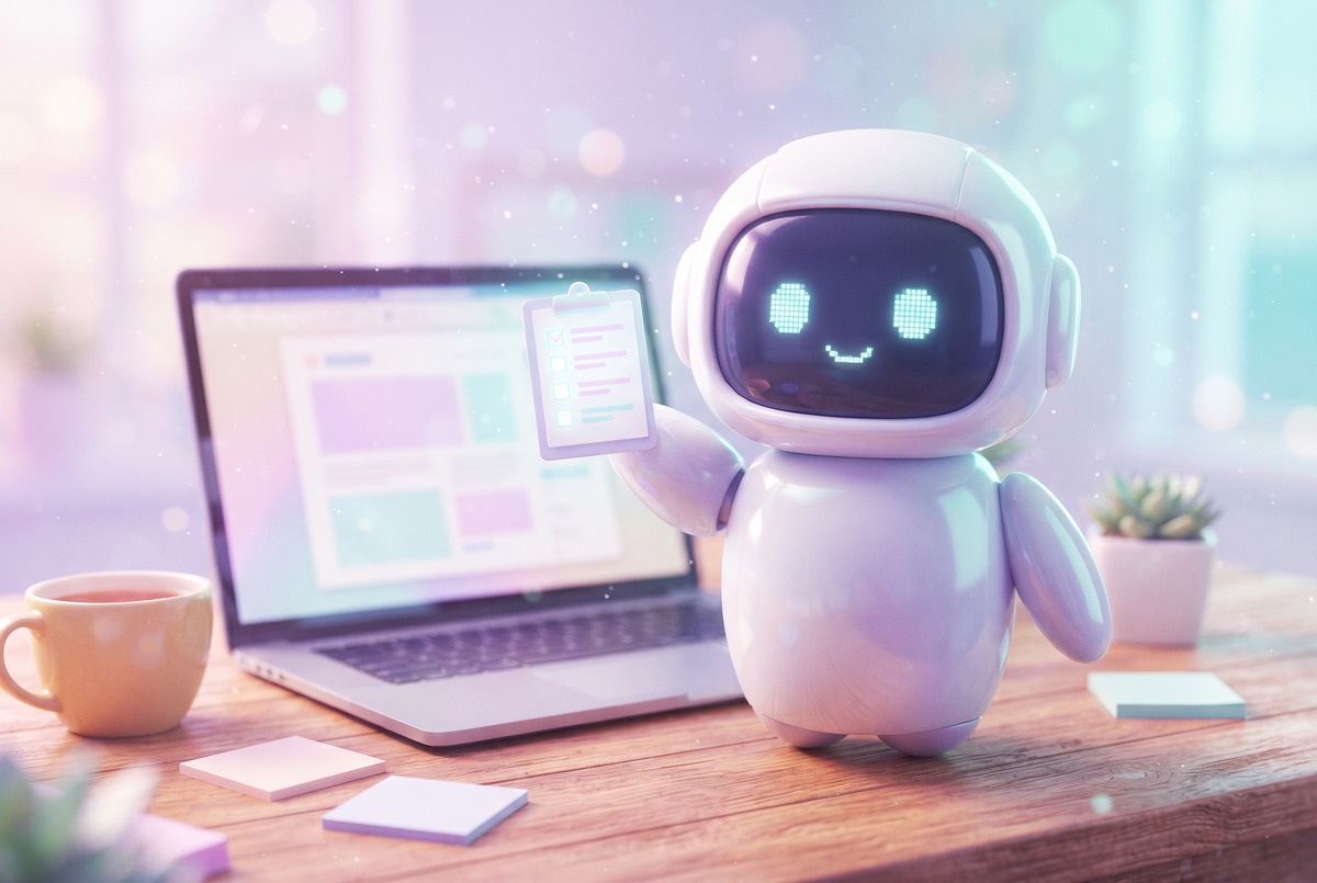 Robot holding a finished interview checklist beside a laptop, the interview step of using AI to write blog posts