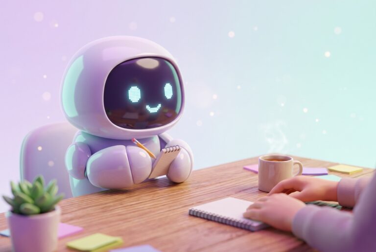 Friendly robot with a notepad interviewing a blogger, showing using AI to write blog posts as a conversation