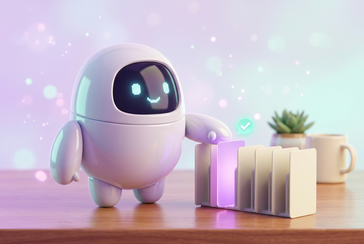 Robot choosing one glowing card from a rack of six, the approval step that gates Pinterest pin generation