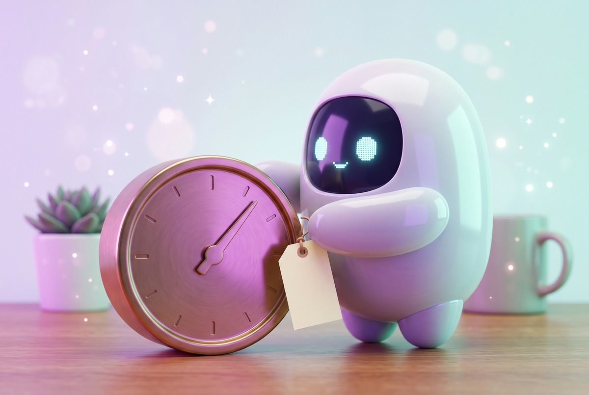 Robot tying a blank label onto a timer dial, a reminder to rename trigger nodes when you change them