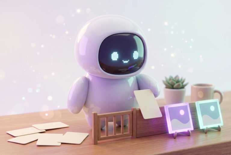Robot lifting one card over a gate toward two finished pins, the two stage way to automate Pinterest pins