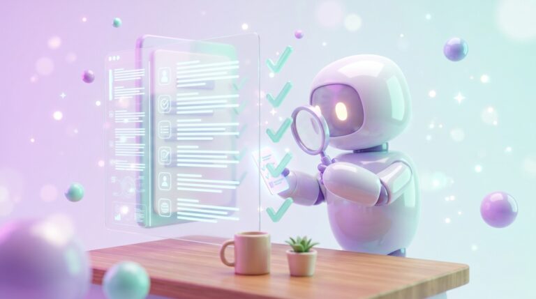 A robot inspecting a document with a magnifying glass, running a blog post checklist before publishing.