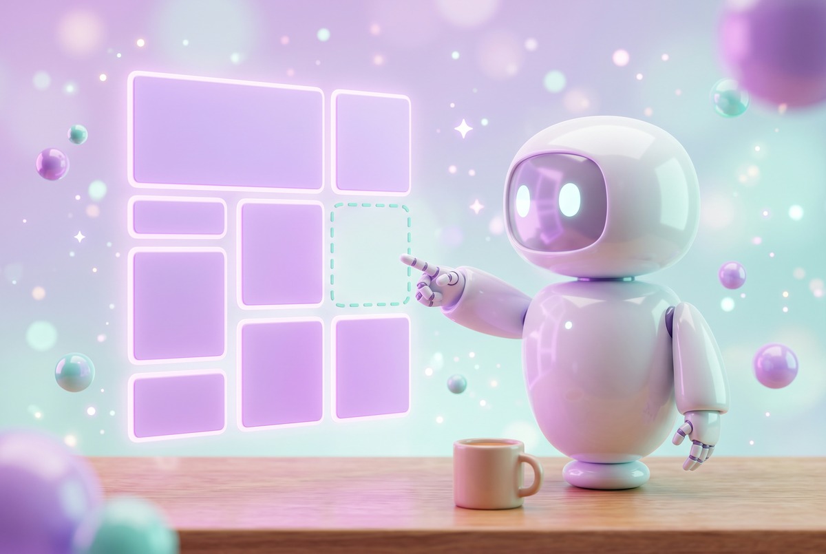 A robot pointing at one empty dashed slot in a full page layout, showing that a missing section is a finding.