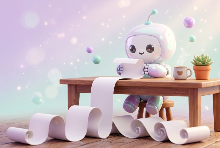 A small robot reads an endlessly long blank receipt curling onto the floor, adding up a blogging stack cost.