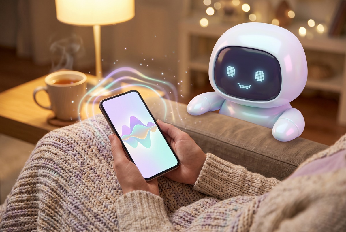 Hands holding a phone with a voice waveform while a small robot listens, a brain dump tool by voice