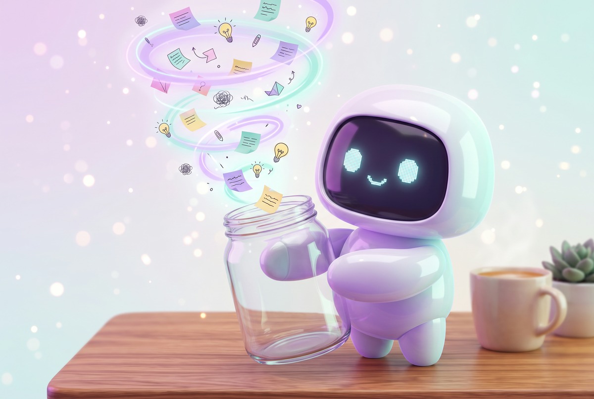 Friendly robot holding a glass jar as a swirl of ideas funnels in, illustrating a brain dump tool