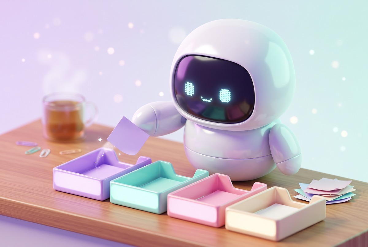 Robot sorting paper notes into four colored trays, showing how a brain dump tool routes each idea