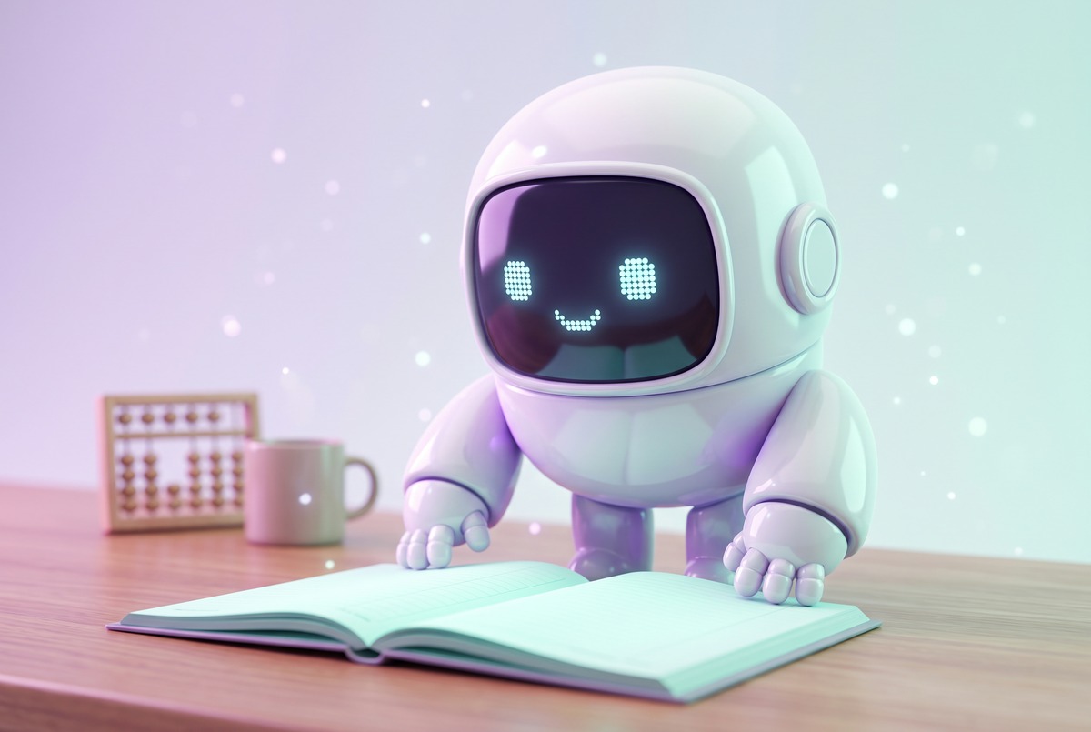Robot resting its hands on an open ledger after replacing a bookkeeping subscription it cancelled