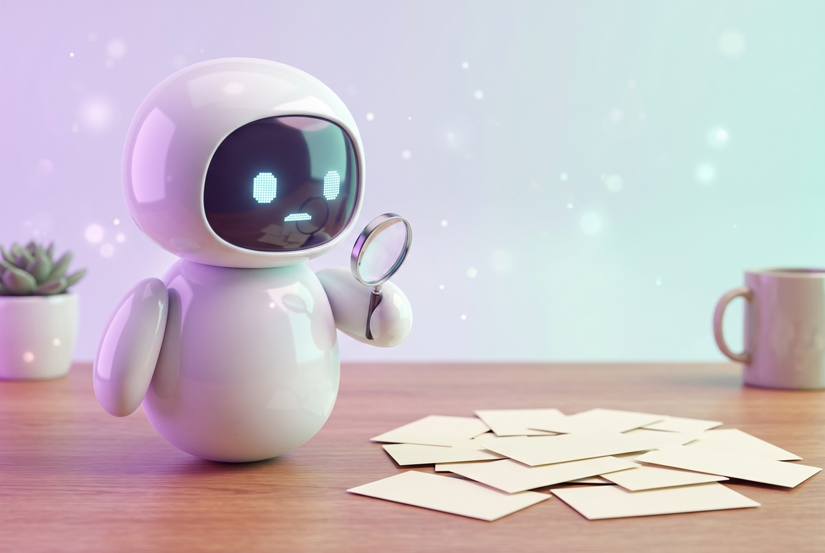 Robot with a magnifying glass over a sprawl of unlit cards, since Claude Code memory has no automatic recall