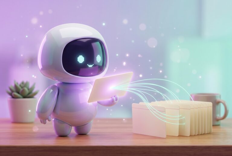 Robot holding one glowing card linked by threads to a row of others, showing Claude Code memory as an index