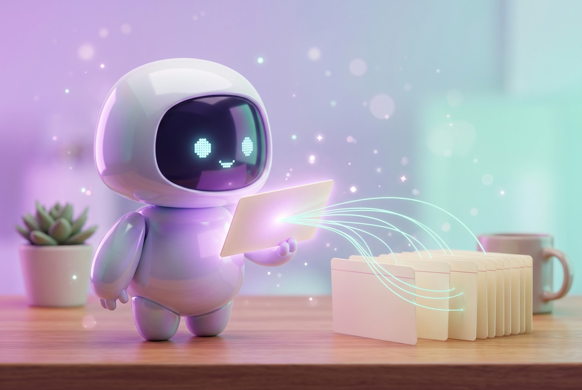 Robot holding one glowing card linked by threads to a row of others, showing Claude Code memory as an index
