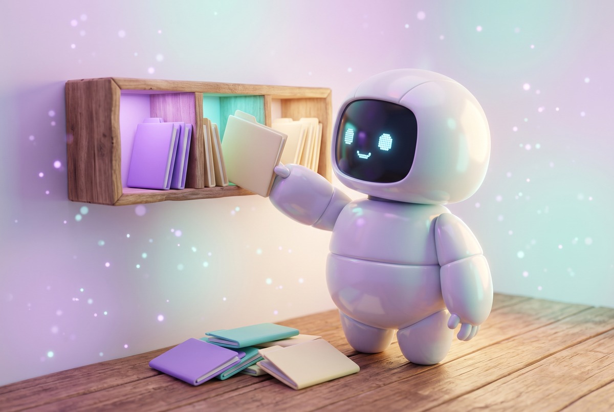 Robot filing a folder into a shelf with three glowing cubbies, one home per kind of thing