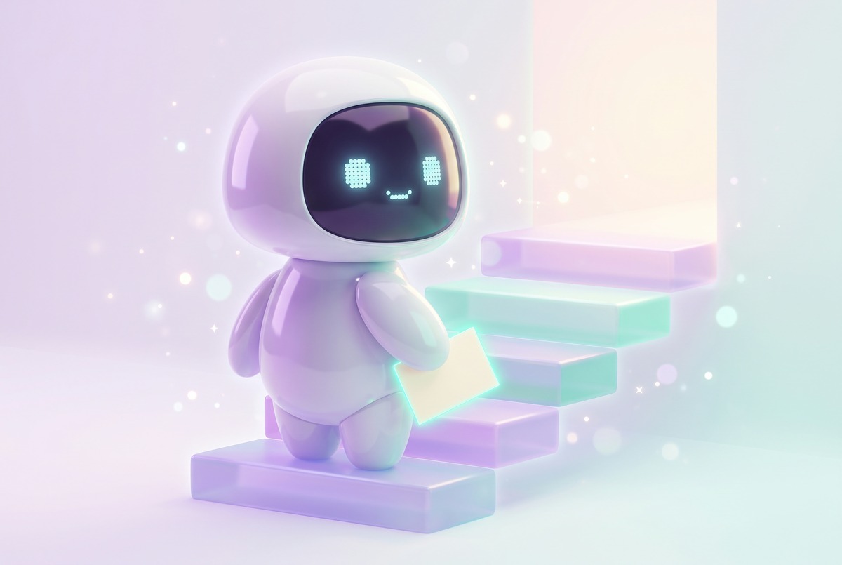 Robot climbing wide glowing pastel steps holding a small file card, one step at a time