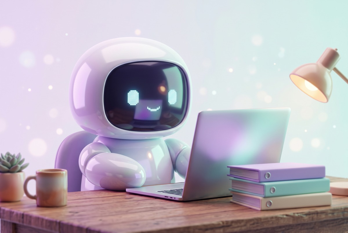 Friendly robot at a wooden desk with one laptop and three folders, the whole Claude Code setup