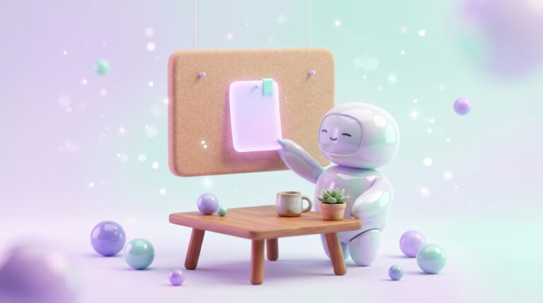 A friendly white robot pinning one glowing card to a board, the idea behind a Claude Code skill for writing.