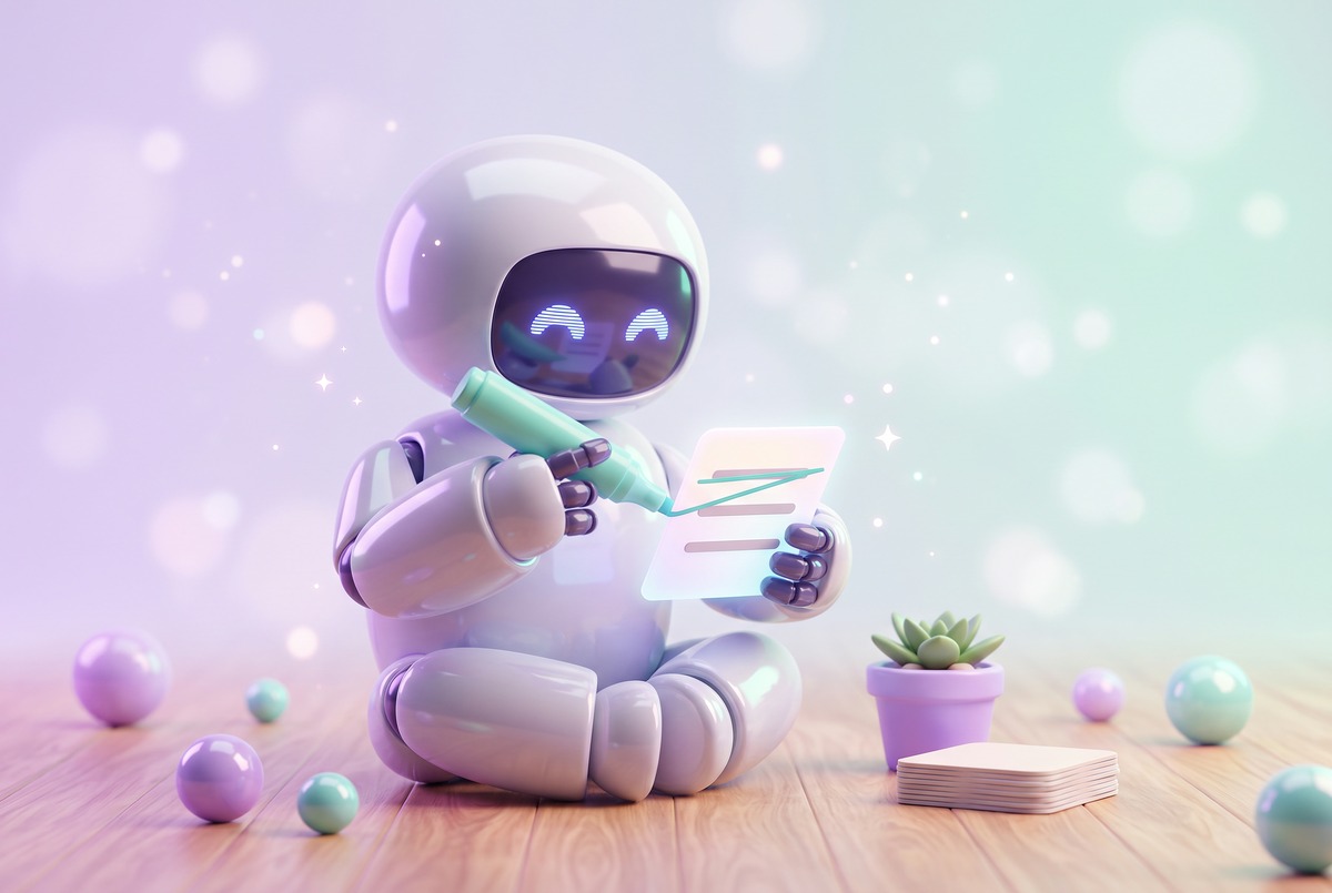 A robot crossing words off a small list card, the start of a banned words list in a Claude Code writing skill.