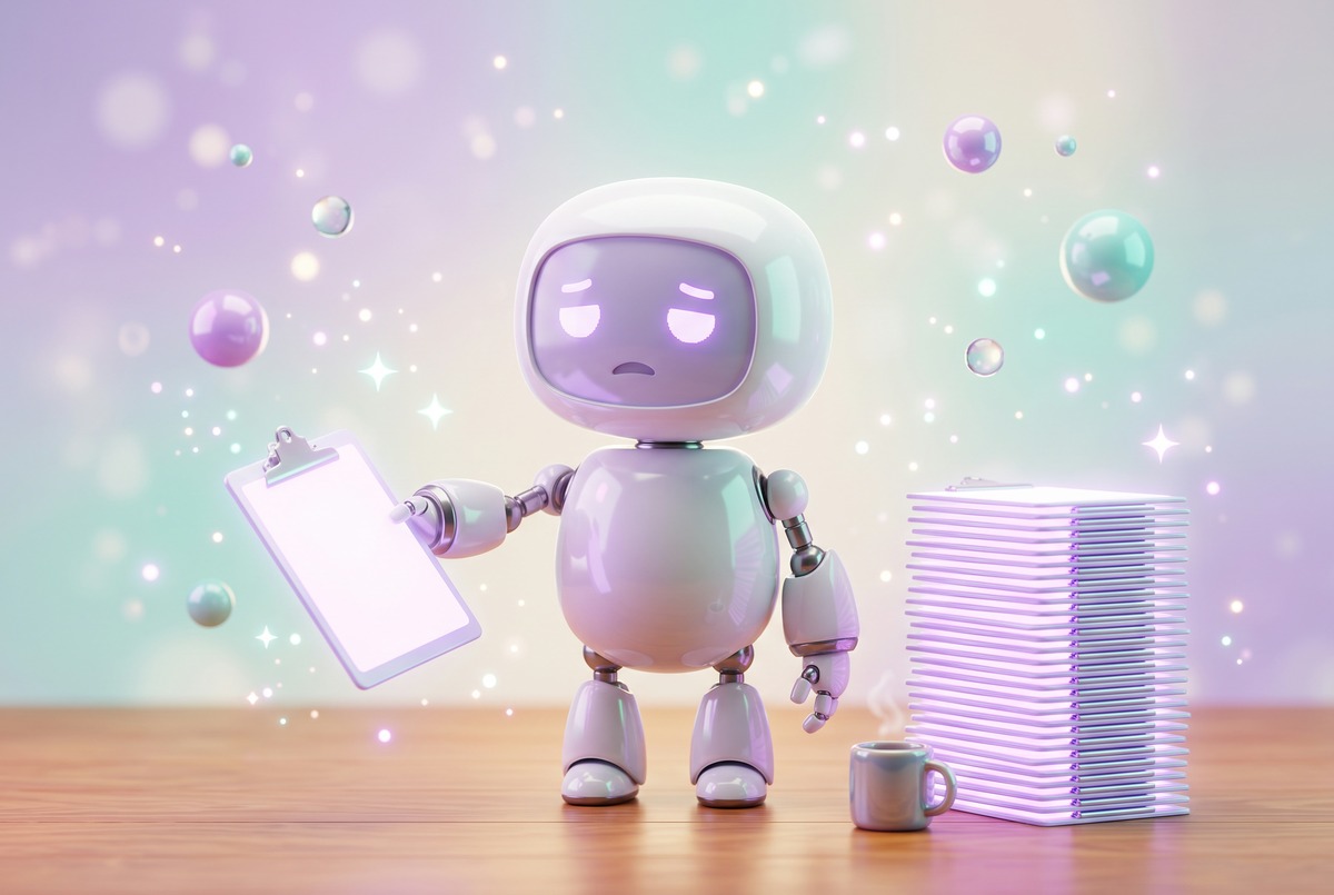 A tired robot holding a clipboard beside a tall stack of identical ones, like pasting a style guide into every chat.