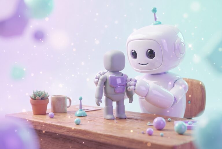 A white robot fits a purple panel onto a plain grey figure, the idea behind customizing Claude Code skills.